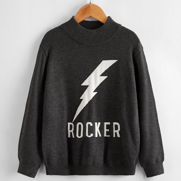 

Boys Lightning & Letter Pattern Sweater, Dark grey