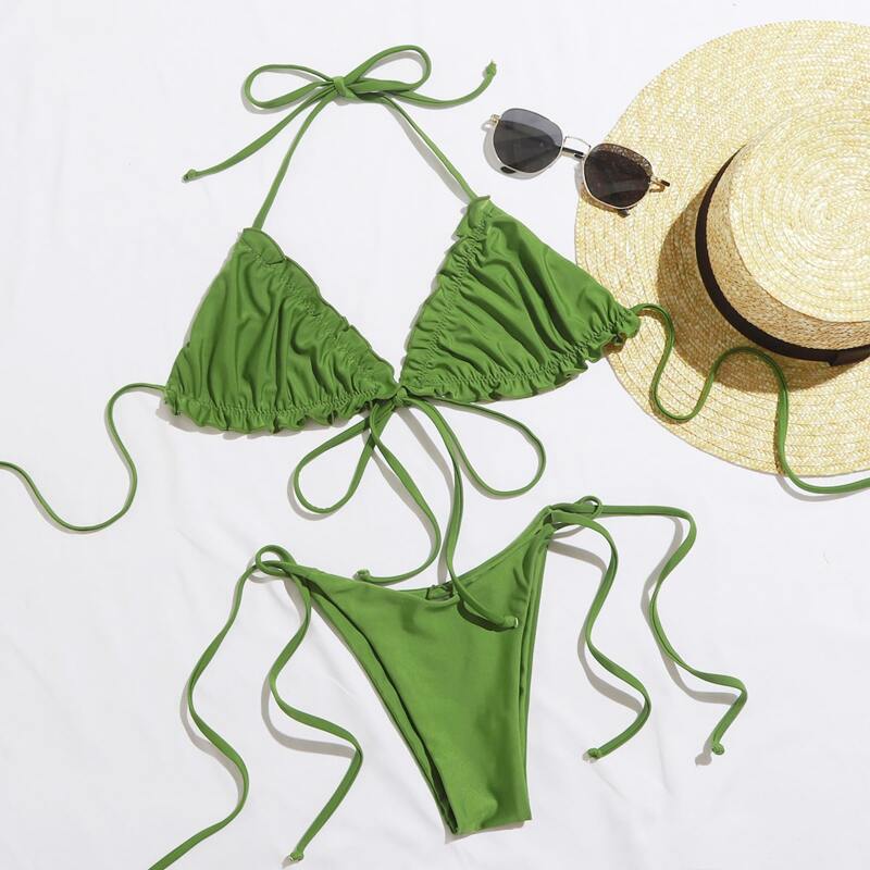 

Ruched Frill Triangle Tie Side Bikini Swimsuit, Green