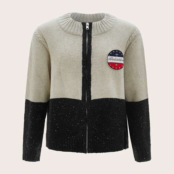 

Boys Zipper Front Patch Detail Colorblock Cardigan, Multicolor