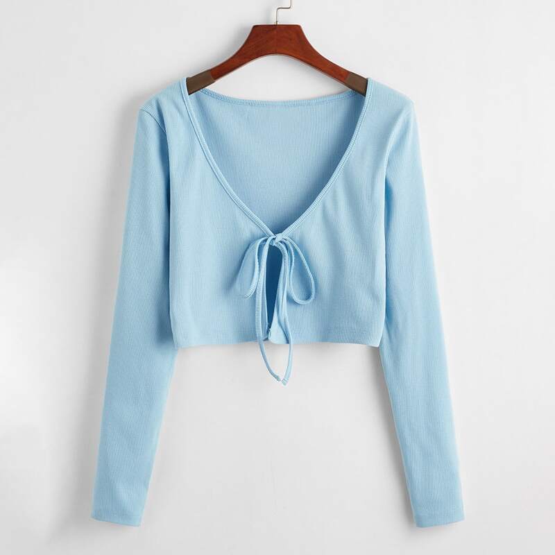 

Tie Front Ribbed Crop Top, Baby blue