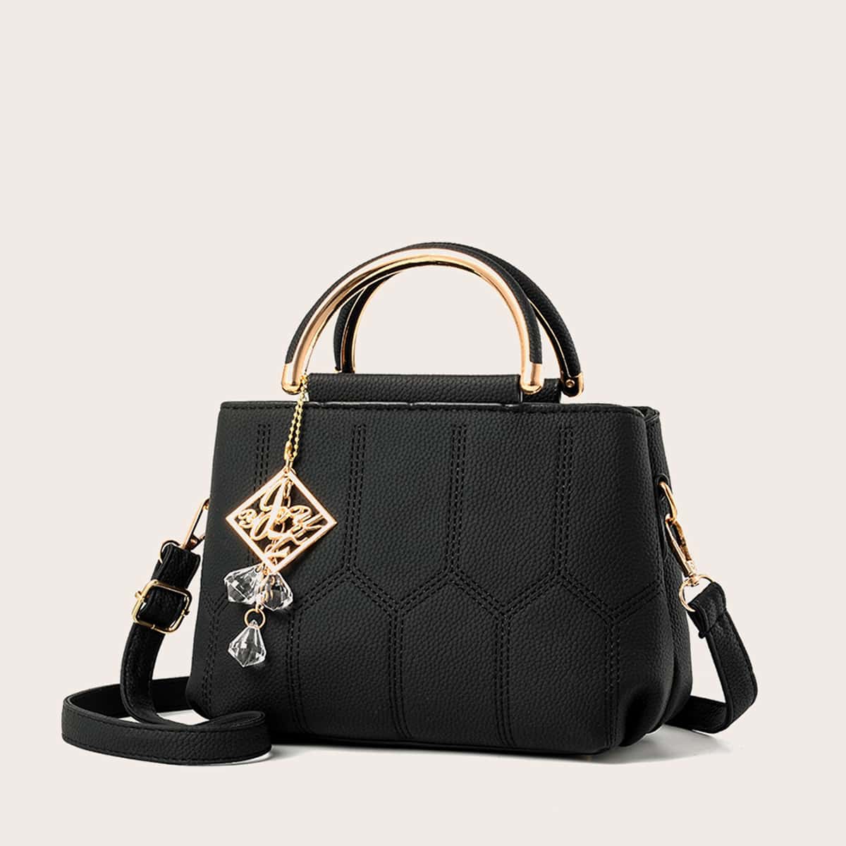 

Metal Decor Stitch Detail Satchel Bag, Black