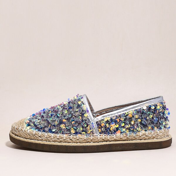 

Cap Toe Sequins Decor Espadrille Flats, Silver