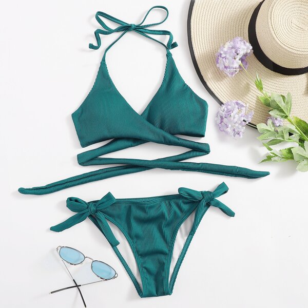 

Rib Wrap Halter Tie Side Bikini Swimsuit, Dark green