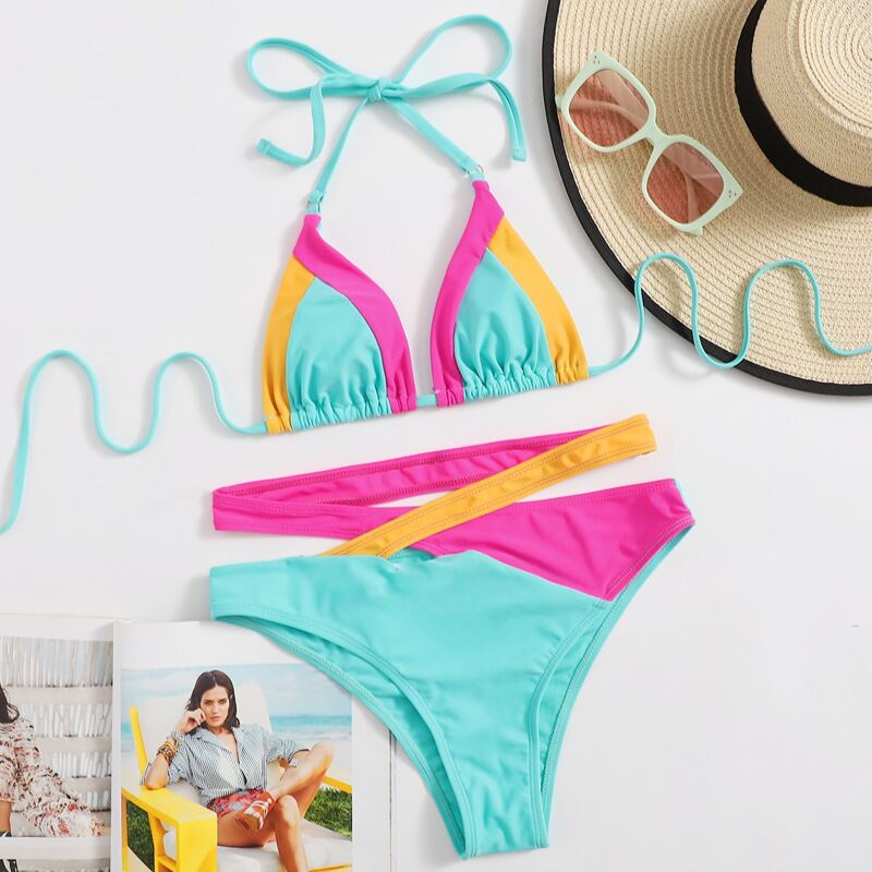

Color Block Triangle Bikini Swimsuit, Multicolor