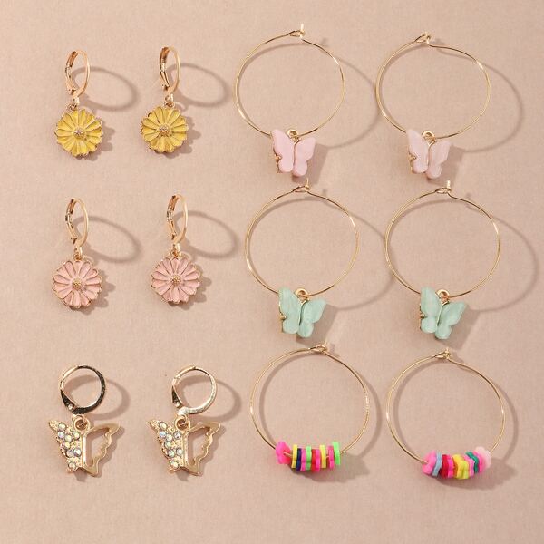 

6pairs Butterfly & Flower Charm Earrings, Multicolor