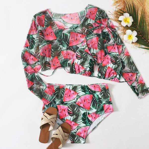 

3pack Plus Watermelon & Tropical Halter Bikini Swimsuit, Multicolor