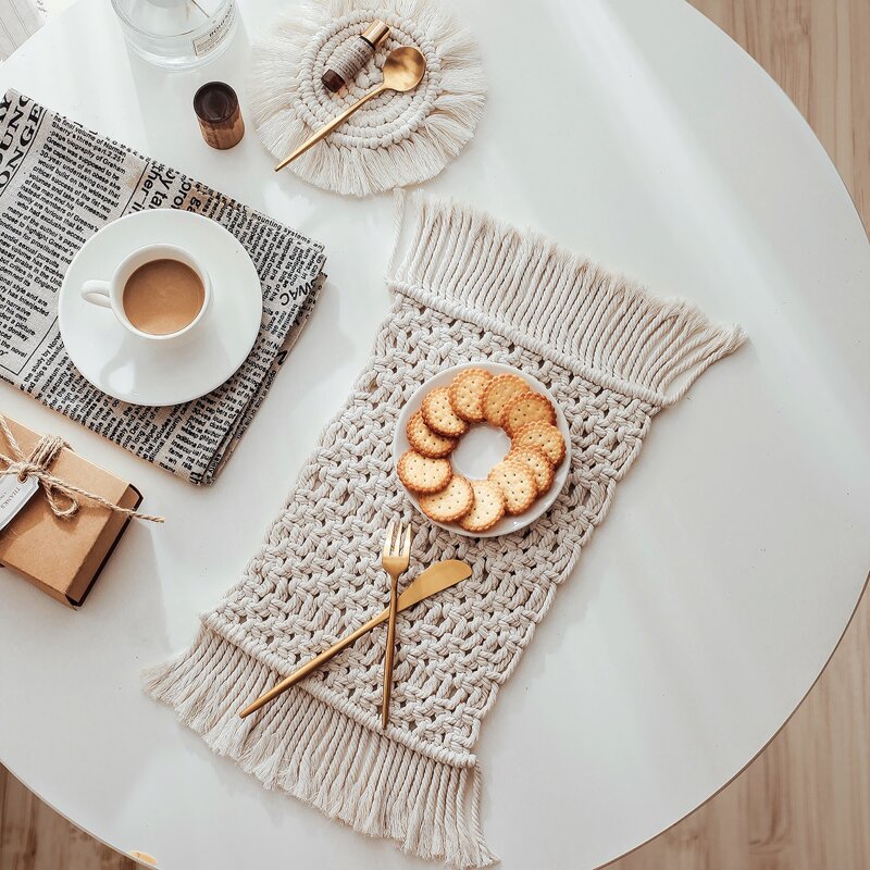 

1pc Woven Tassel Placemat, Beige