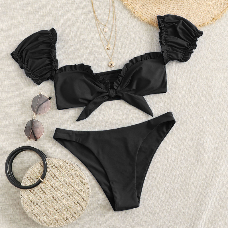 

Frill Trim Knot Front Bikini Swimsuit, Black