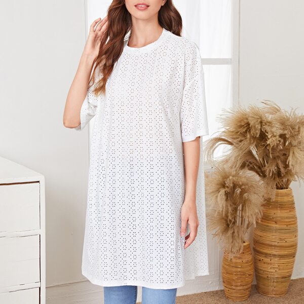 

Eyelets Drop Shoulder Longline Tee, White