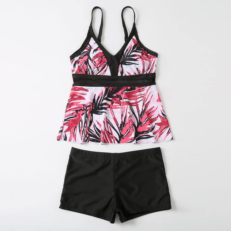 

Plant Print Contrast Mesh Bikini Swimsuit, Multicolor