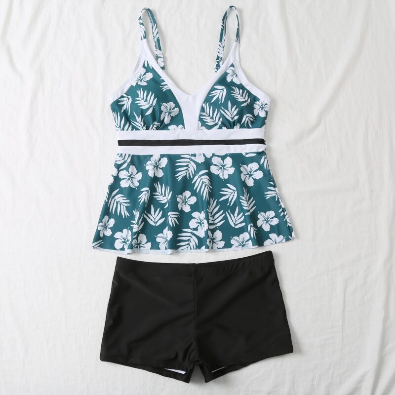 

Plant Print Contrast Mesh Bikini Swimsuit, Multicolor