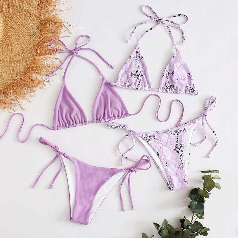

4pack Snakeskin Triangle Tie Side Bikini Swimsuit, Pastel lilac purple