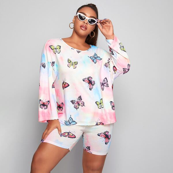 

Plus Drop Shoulder Butterfly Print Top & Shorts PJ Set, Multicolor