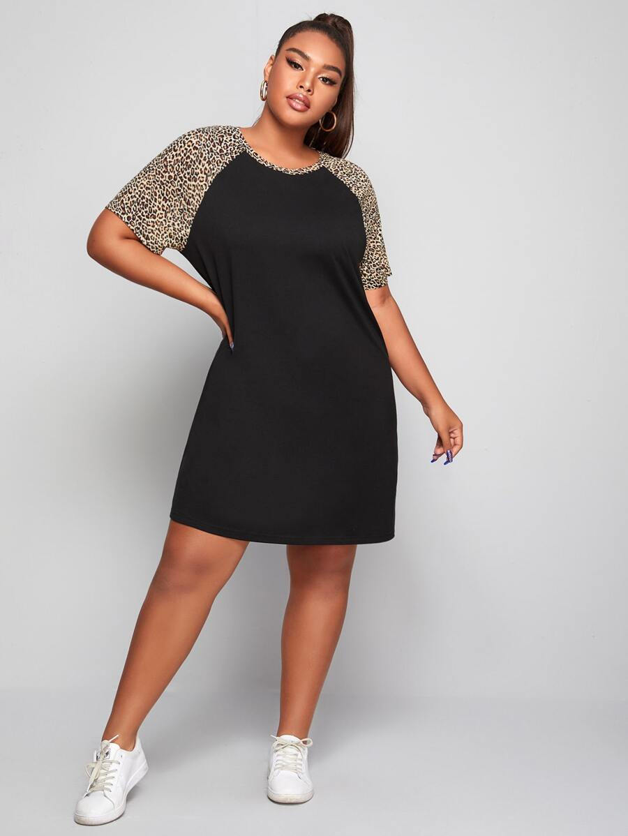 SHEIN Essnce Plus Leopard Raglan Sleeve Tee Dress - Black - View 1