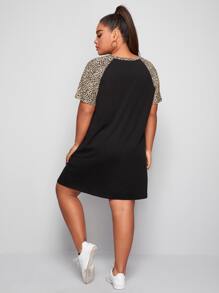 SHEIN Essnce Plus Leopard Raglan Sleeve Tee Dress - Black - View 2