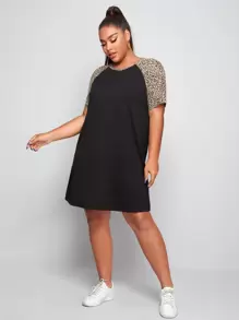 SHEIN Essnce Plus Leopard Raglan Sleeve Tee Dress - Black - View 4