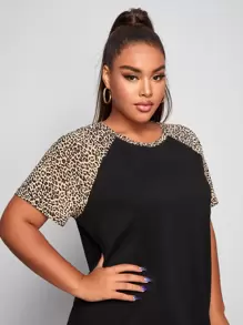 SHEIN Essnce Plus Leopard Raglan Sleeve Tee Dress - Black - View 5