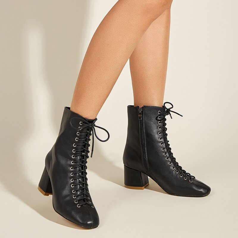 

Lace-up Front Chunky Heeled Ankle Boots, Black