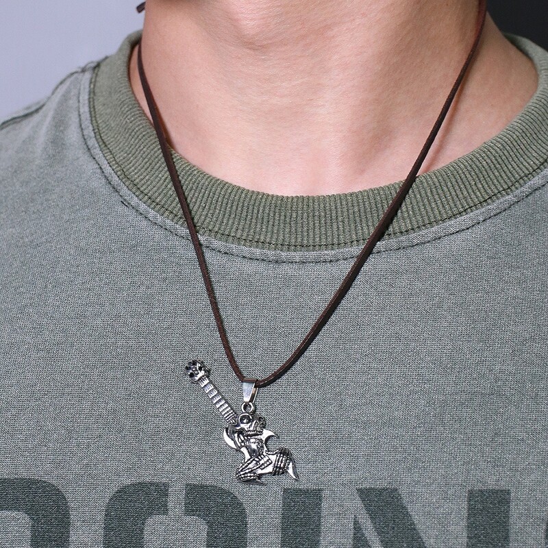 

Guys Skeleton Guitar Pendant Necklace, Silver