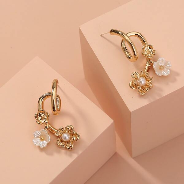 

Серьги в форме цветка с искусственным жемчугом, Золотистый