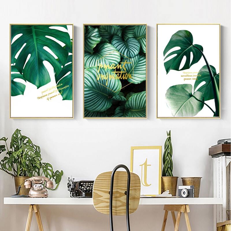

3pcs Plant Print Wall Painting Without Frame, Green