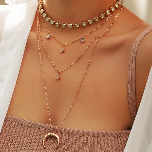 

2pcs Rhinestone Decor Layered Necklace, Gold