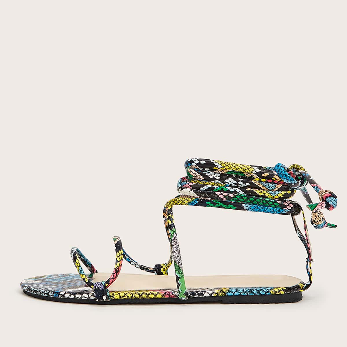 

Snakeskin Tie Leg Flat Sandals, Multicolor