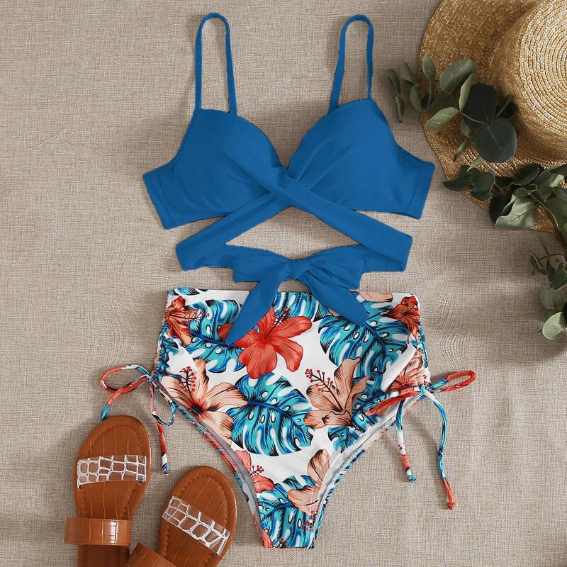 

Tropical Push Up High Waisted Bikini Swimsuit, Multicolor