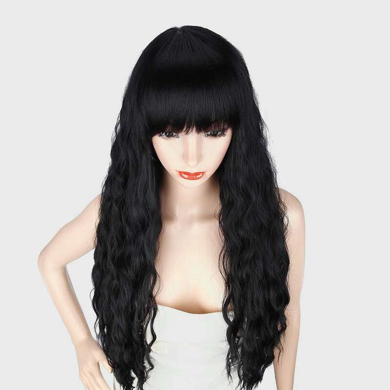 

1pc Long Curly Hair Wig With Bangs, Black