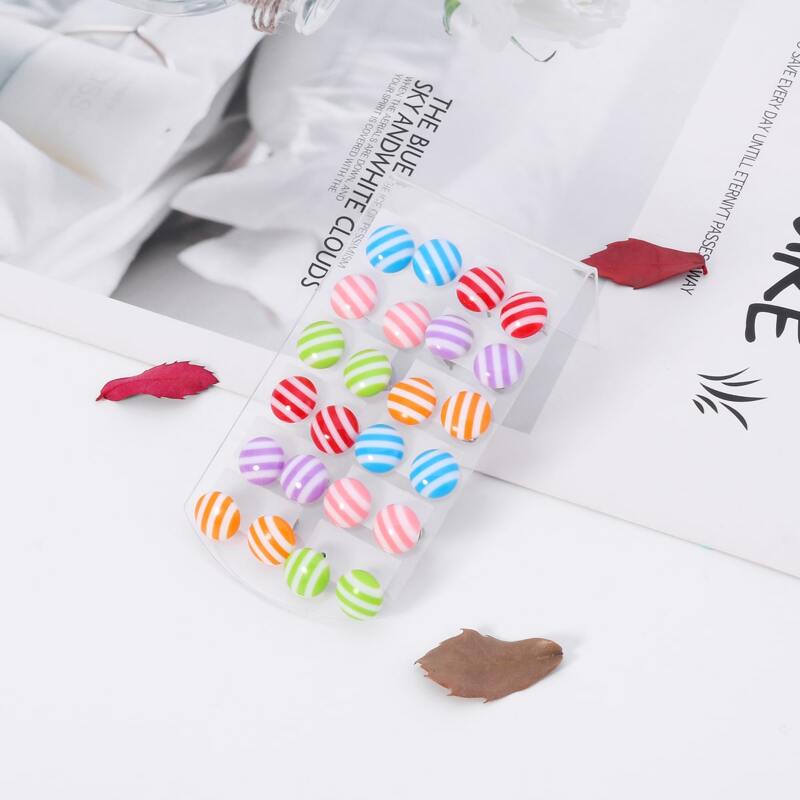 

12pairs Striped Round Stud Earrings, Multicolor