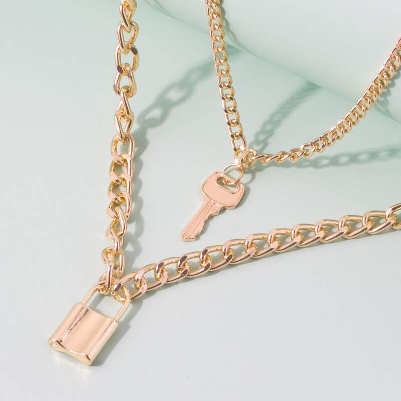 

Lock & Key Layered Chain Necklace, Gold
