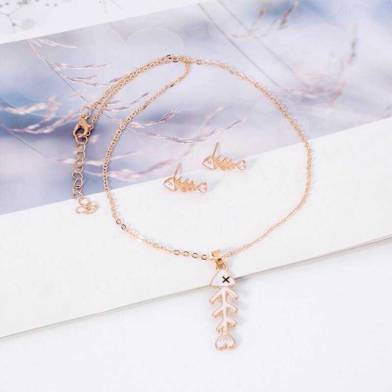 

3pcs Fish Bone Jewelry Set, White
