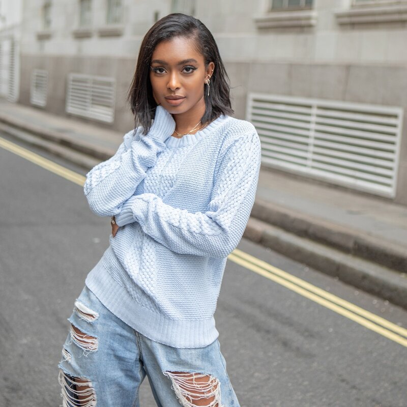 

Cable Knit Solid Sweater, Pastel baby blue