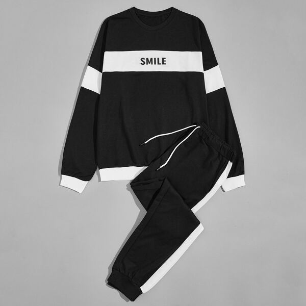 

Men Colorblock Letter Graphic Tee With Drawstring Joggers, Black