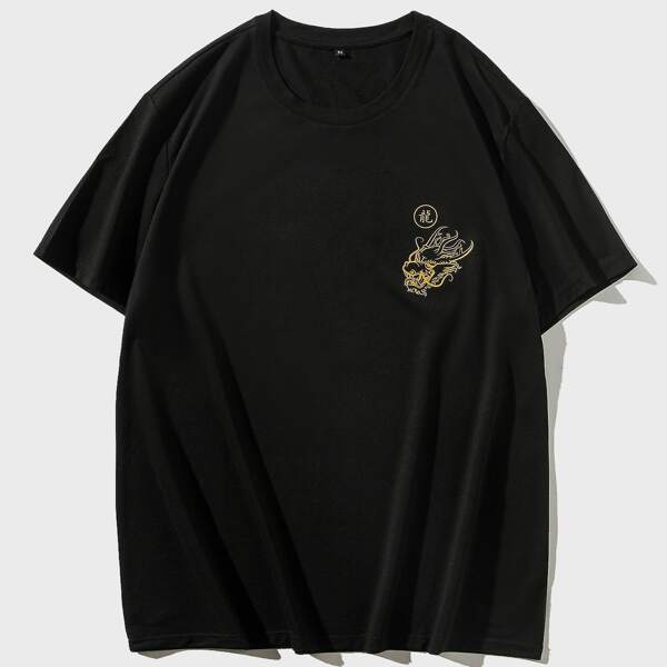 

Men Chinese Dragon And Letter Graphic Tee, Black