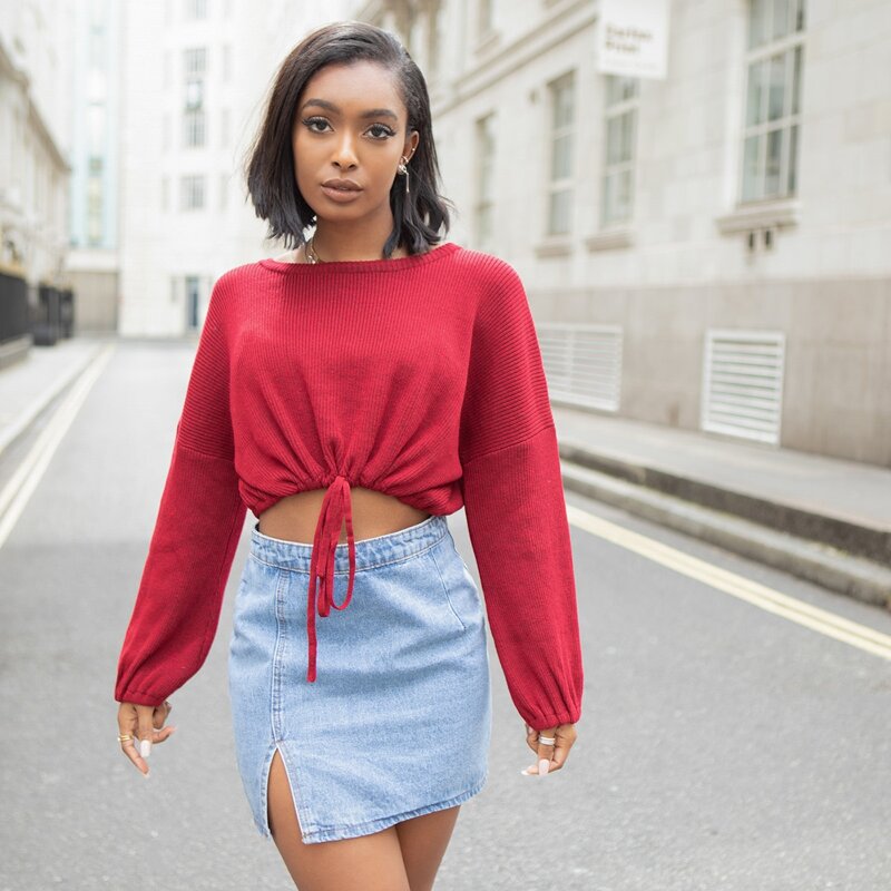 

Drop Shoulder Drawstring Knot Hem Crop Sweater, Rose red