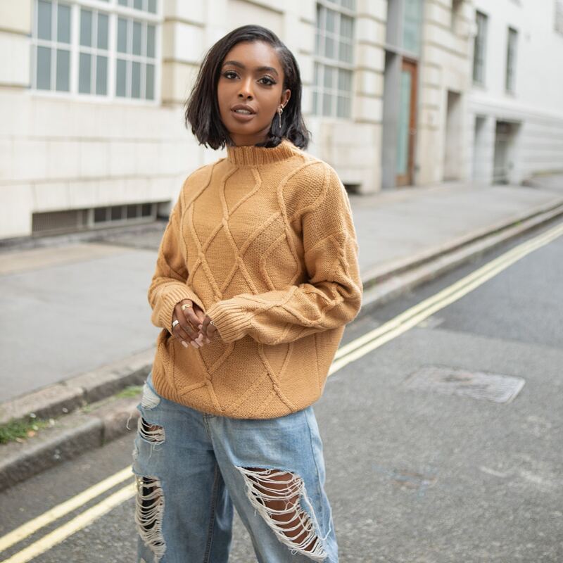 

Drop Shoulder Mixed Knit Sweater, Camel