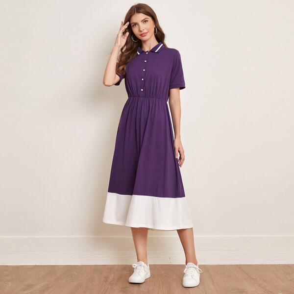 

Button Front Contrast Hem Polo Dress, Purple