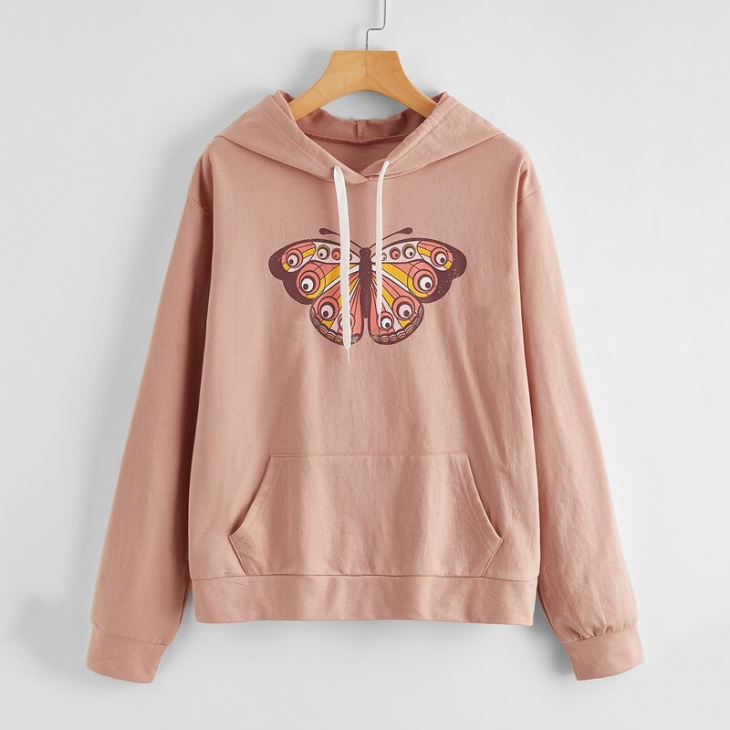 

Butterfly Print Kangaroo Pocket Drawstring Hoodie, Coral pink