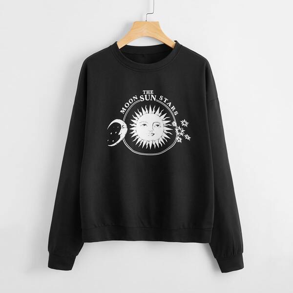 

Letter And Graphic Print Sweatshirt, Black