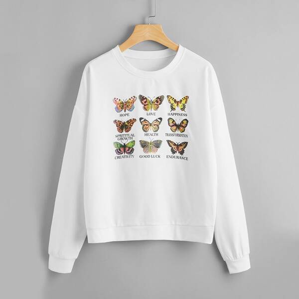 

Butterfly And Letter Graphic Sweatshirt, White