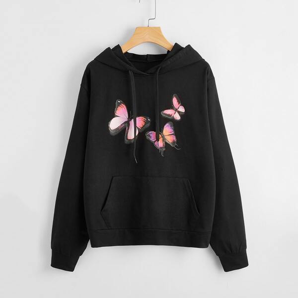 

Butterfly Print Kangaroo Pocket Drawstring Hoodie, Black