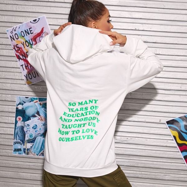 

Slogan Graphic Kangaroo Pocket Drawstring Hoodie, White