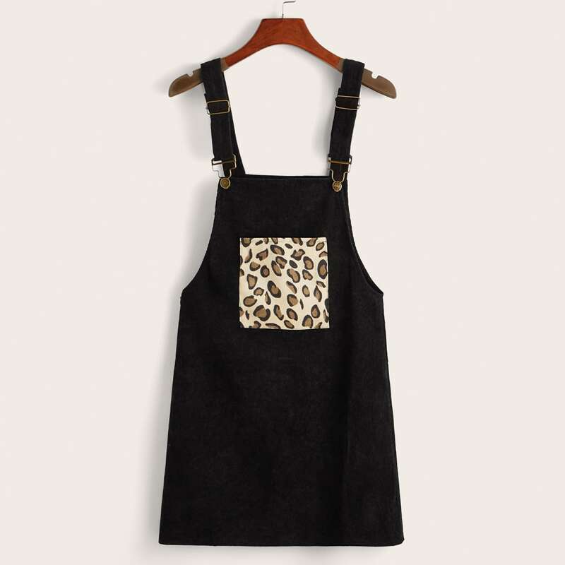 

Corduroy Leopard Pocket Pinafore Dress, Black