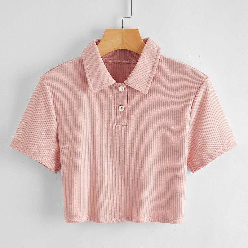

Ribbed Crop Polo Tee, Baby pink