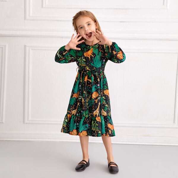 

Toddler Girls Jungle Print Belted Ruffle Hem Dress, Multicolor