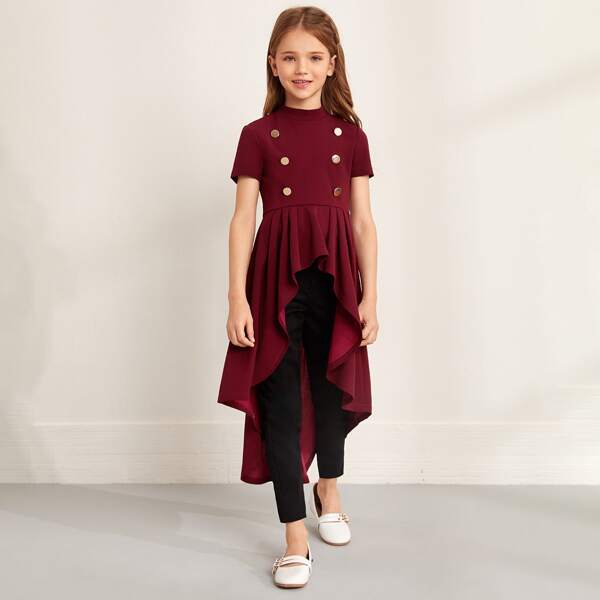 

Girls Double Button High Low Ruffle Hem Top, Maroon
