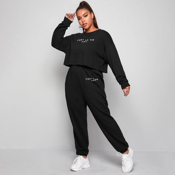

Plus Slogan Graphic Pullover and Joggers Set, Black
