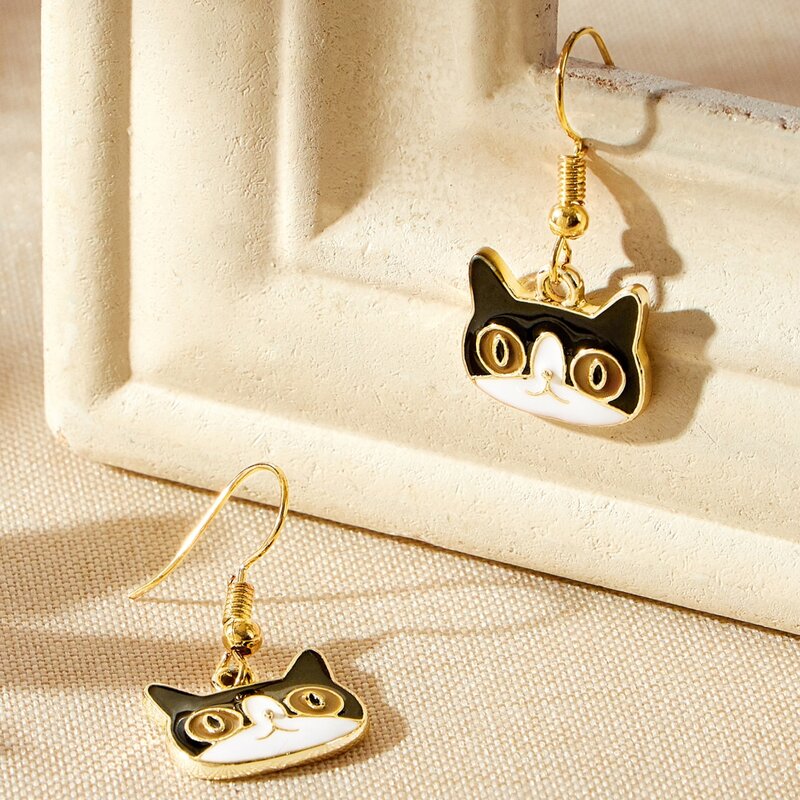 

Cat Drop Earrings, Black and white