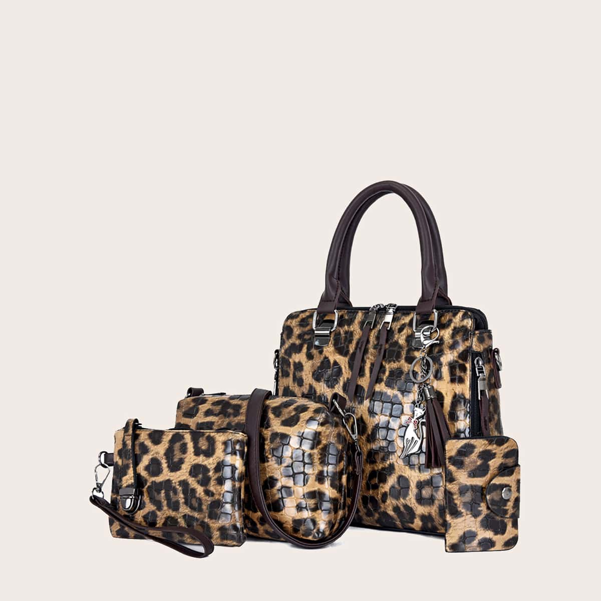 

4pcs Leopard Satchel Bag Set, Brown
